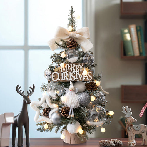 Snow Angel frosted tabletop Christmas tree with cream bow, angel and silver baubles, 45cm