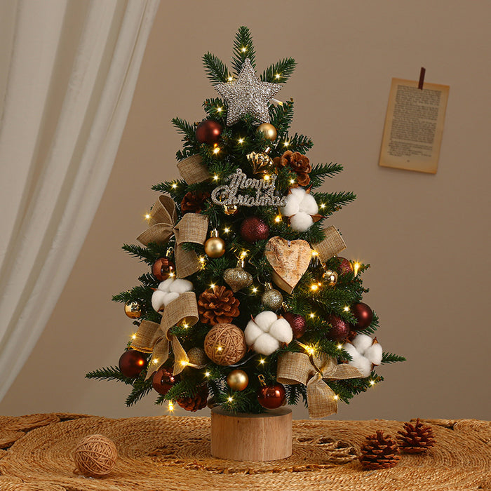 Caramel Cotton frosted tabletop Christmas tree with cotton flowers, baubles and warm lights, 45cm