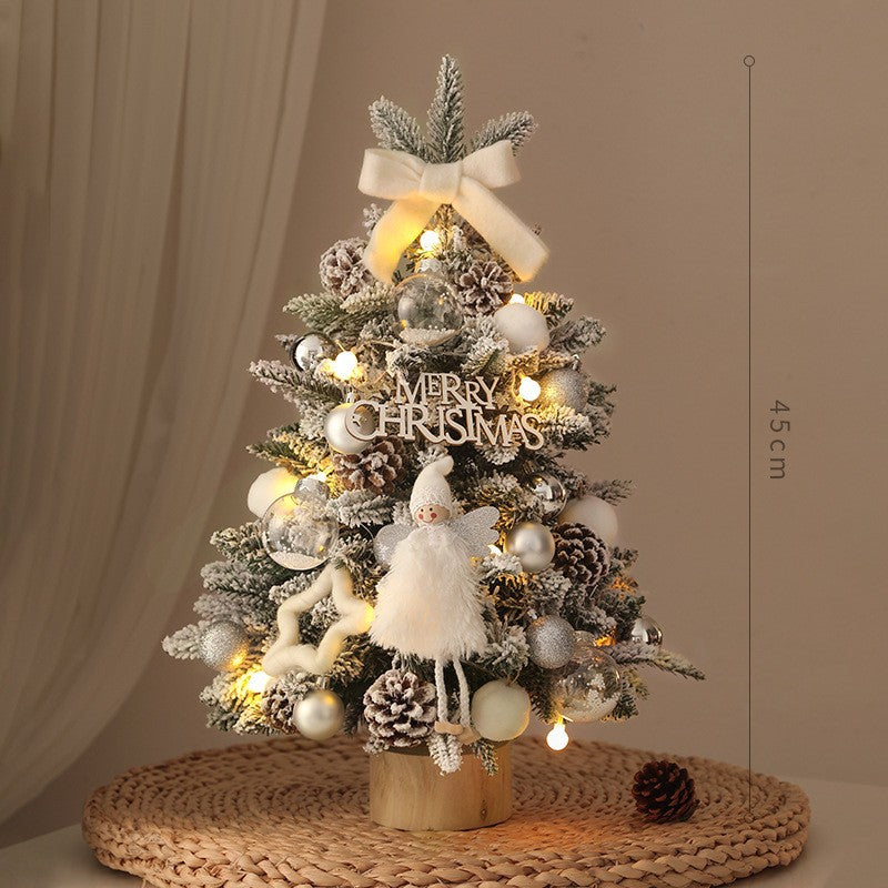 Winter White frosted tabletop Christmas tree with cream bow, pinecones and angel, 45cm